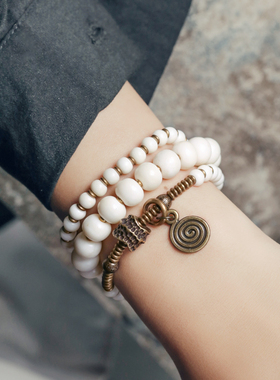 极速小众设计复古文玩手串女混搭黄铜珠I子情侣手饰个性多层手链