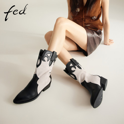 fed复古时装靴冬季新款女靴粗跟短靴西部牛仔靴女款D0926-ZFA275 - 图1