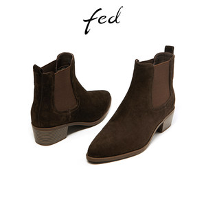 fed绒面烟筒靴冬季新款靴子切尔西靴尖头粗跟短靴女R1002-ZFA901