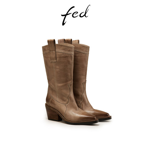 【水洗牛皮】fed粗跟西部靴冬季新款女靴擦色时装靴女D1105-ZF227 - 图3