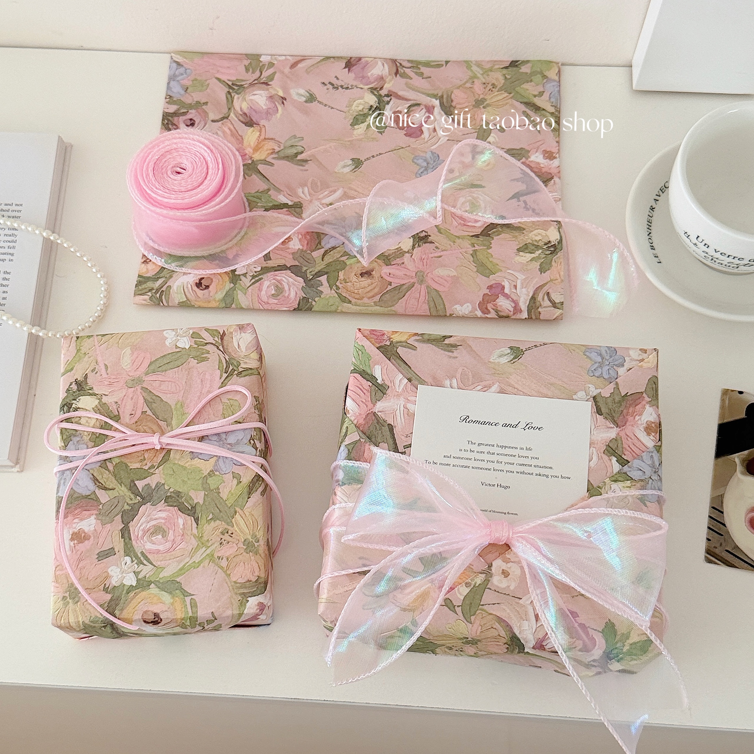 粉色油画玫瑰包装纸~ins浪漫花卉装饰花艺纸节日礼物包装纸送女友 - 图2