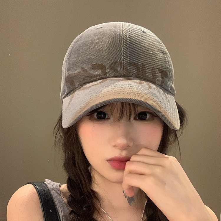 美式复古字母灰色棒球帽女宽帽檐大脸显脸小鸭舌帽百搭大头围帽子 - 图1