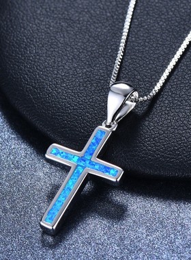 新款跨境个性S925蓝色白色澳宝十字架项链女式百搭吊坠项链