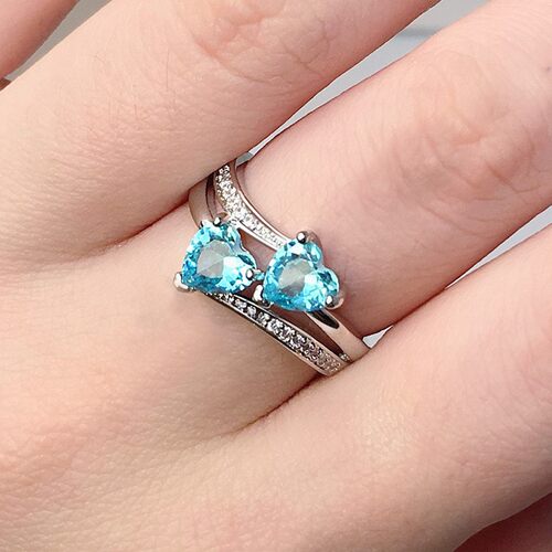 新款欧美爆款ring女士锆石戒指双心形宝石镀白金铜指环首饰品 - 图0