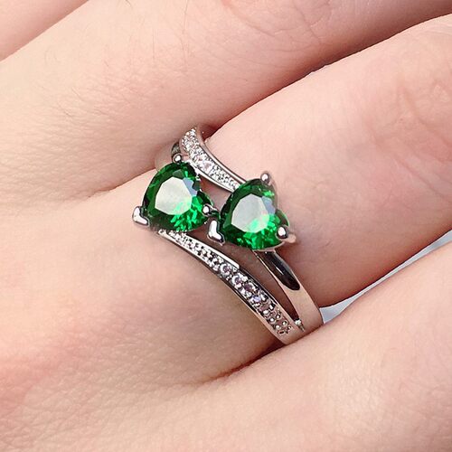 新款欧美爆款ring女士锆石戒指双心形宝石镀白金铜指环首饰品 - 图2