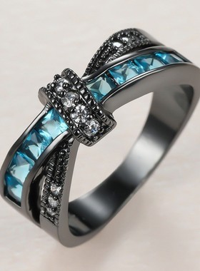 新款跨境个性黑金 水蓝色方钻交叉戒指厂家