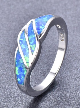 新款跨境热卖两片叶子蓝色奥宝opal指环简约欧美时尚澳宝小众戒指