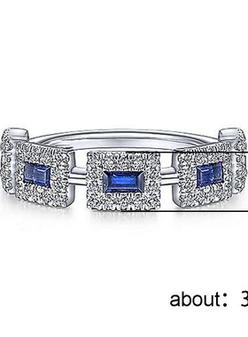 新款shein热卖 镶嵌蓝色方形锆石戒指女 欧美时尚订婚条戒