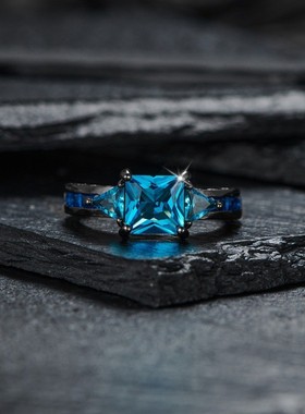 新款跨境黑金水蓝色四爪戒指复古简约个性戒指