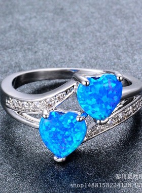 新款跨境时尚欧美白金白色奥宝双桃心戒指手饰