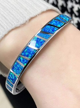 新款跨境爆款白金蓝色澳宝开口手镯韩版时尚哪吒手镯手饰饰品配饰