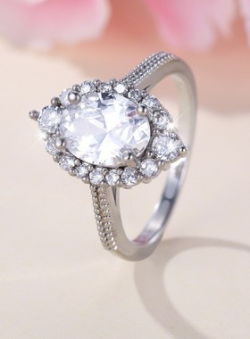 新款跨境时尚通勤钯白K白色蛋形边白钻戒指