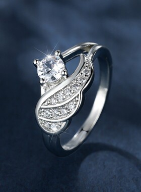 新款亚马逊白金白钻天使之翼戒指时尚婚礼订婚饰品 ins风