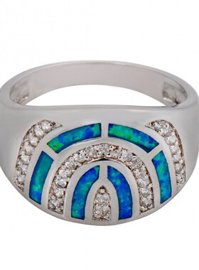 新款跨境网红简约ins风蓝色澳宝半圆形精致时尚戒指