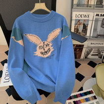 Design sense Little crowdsourced splicing rabbit Rabbit Letters Round Collar Needlenitwear 2023 Burst Out of Milk Fufu Sweater Woman