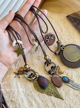 波西米亚新中式古铜羽毛毛衣链