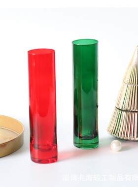简约厚底绿色直筒玻璃花瓶小口径轻奢感红色插花水培器皿装饰