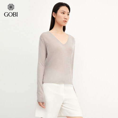 GOBI戈壁秋冬宽松时尚V领薄款羊绒真丝女士针织衫套头毛衣WK753 - 图0
