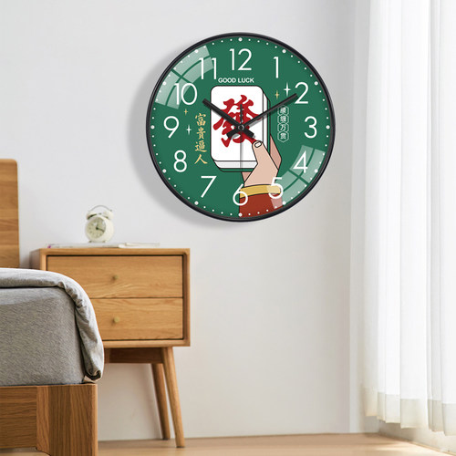 新款麻将馆挂钟网红国潮风棋牌室发财装饰挂墙时钟表创意客厅挂表 - 图1