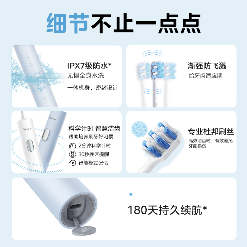 美的电动牙刷智能声波充电式成人男女情侣升级款防水护龈清洁牙齿