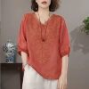 Bojin Selected Women's Clothing Store Women's Genuine Loose Top Fashionable Retro Versatile Embroidered V-neck Mid-Sleeve Ta8