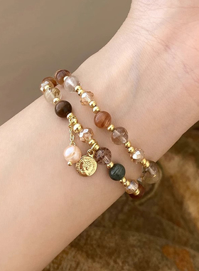 双层水晶珍珠串珠手链女轻奢复古叠戴手串ins小众设计高级人工石