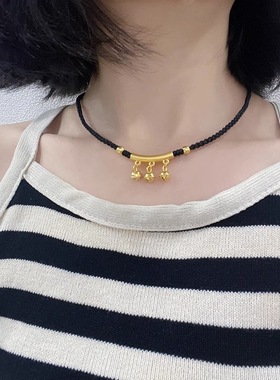 弯管黄金色吊坠女小金珠项链遮疤链本命年锁骨链项绳铃铛项圈脚链