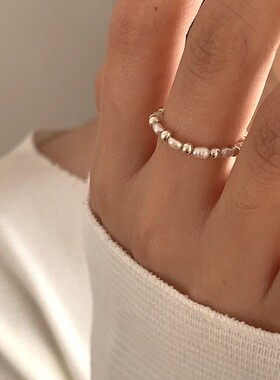 小米粒淡水珍珠串珠戒指金银色爱心碎银几两轻奢小众设计感食指戒