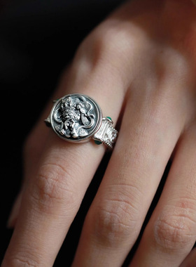 小众复古设计藏族唐草纹绿色锆石戒指女时尚个性潮流做旧百搭指环