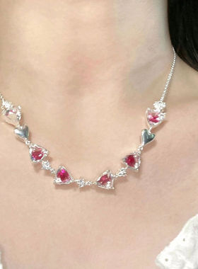 杨超越同款粉色水晶爱心锁骨链女简约百搭气质项链优雅小众颈链女