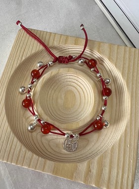 新款红玛瑙福牌铃铛红绳手链送闺蜜国风小众百搭甜美仿人工玉石