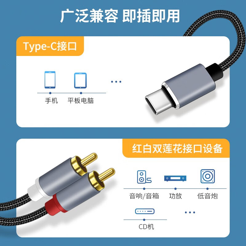 双莲花音频线一分二适用苹果华为小米type-c手机连接功放音箱低音炮音响转接线rca插头转换器AV输出连接3.5mm-图0