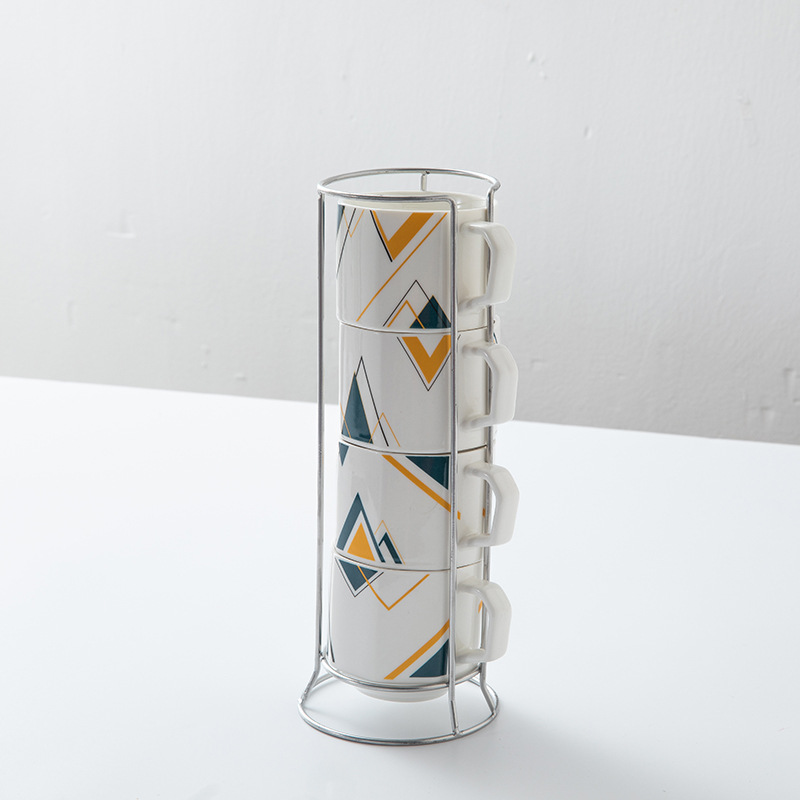 创意几何陶瓷马克杯家用中号立体叠叠杯四件套带铁架牛奶咖啡水杯 - 图2