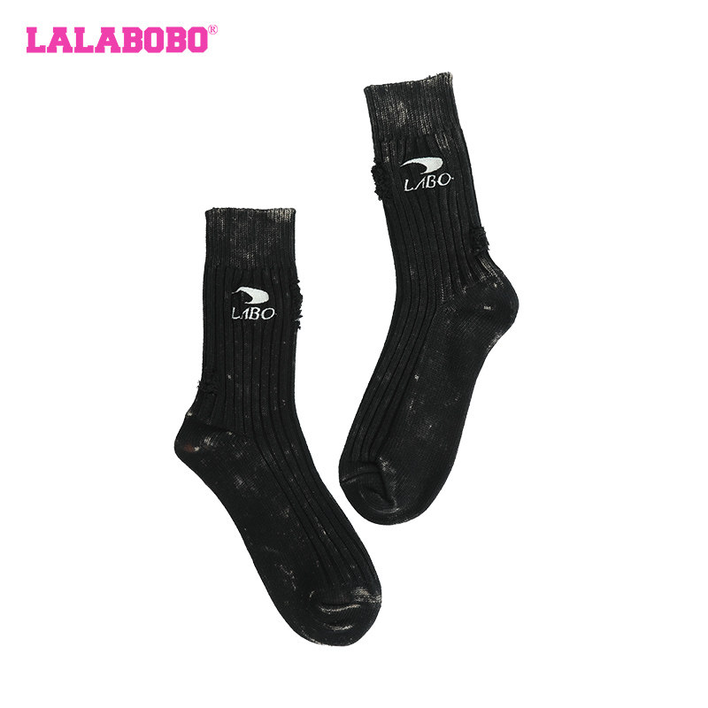 LALABOBO2023冬季新款保暖休闲黑色logo复古中筒袜女|LBCD-WQWD15 - 图1