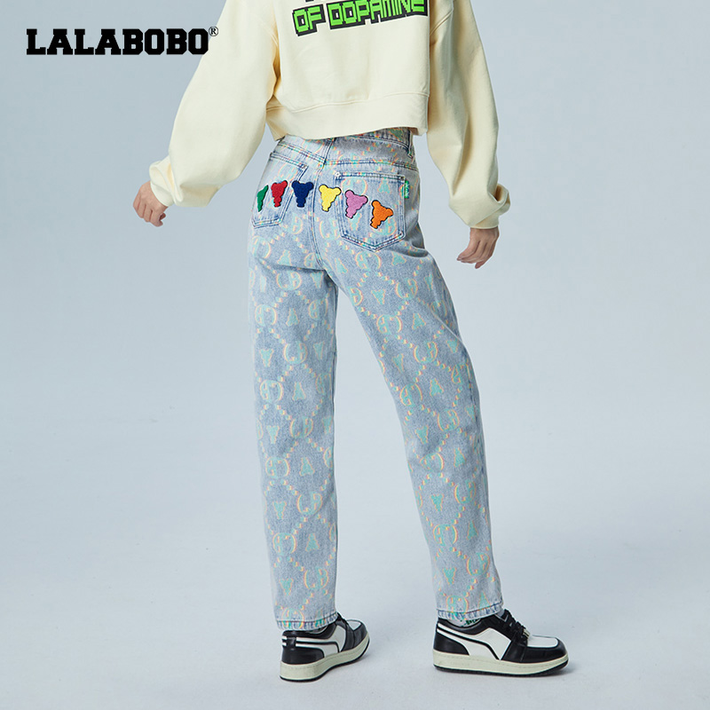 LALABOBO2024春季新款字母直筒刺绣高腰宽松牛仔裤女|LBCA-WXZC12 - 图0