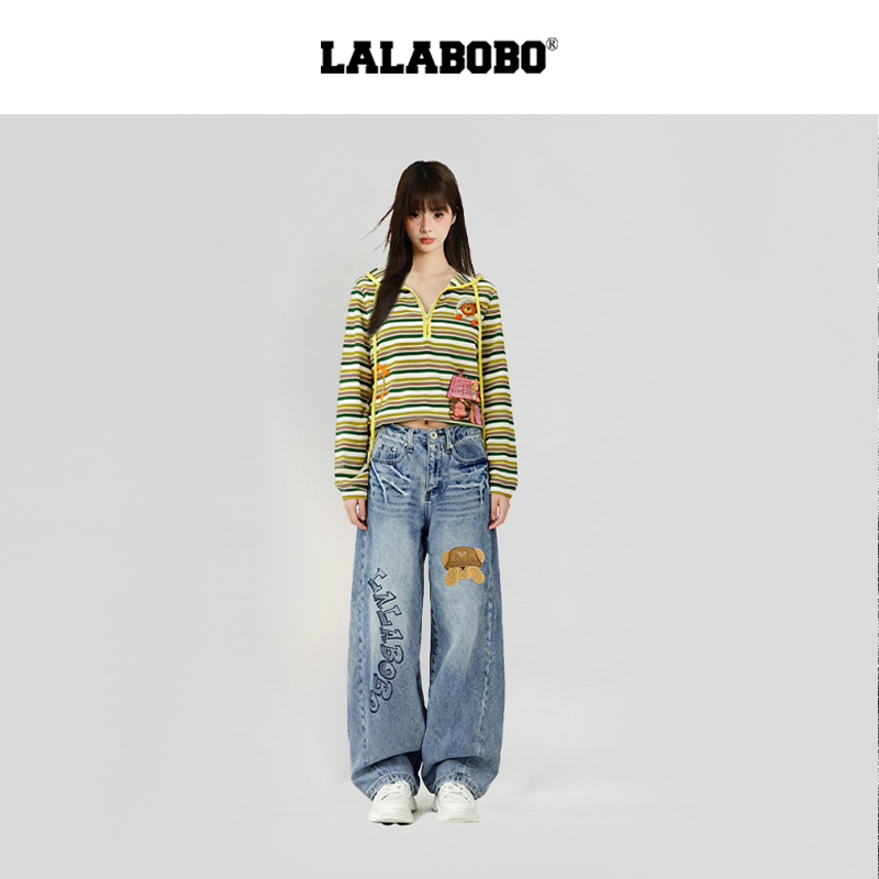 【商场同款】LALABOBO25年冬新款弯刀裤女小熊贴布印花宽松牛仔裤 - 图2