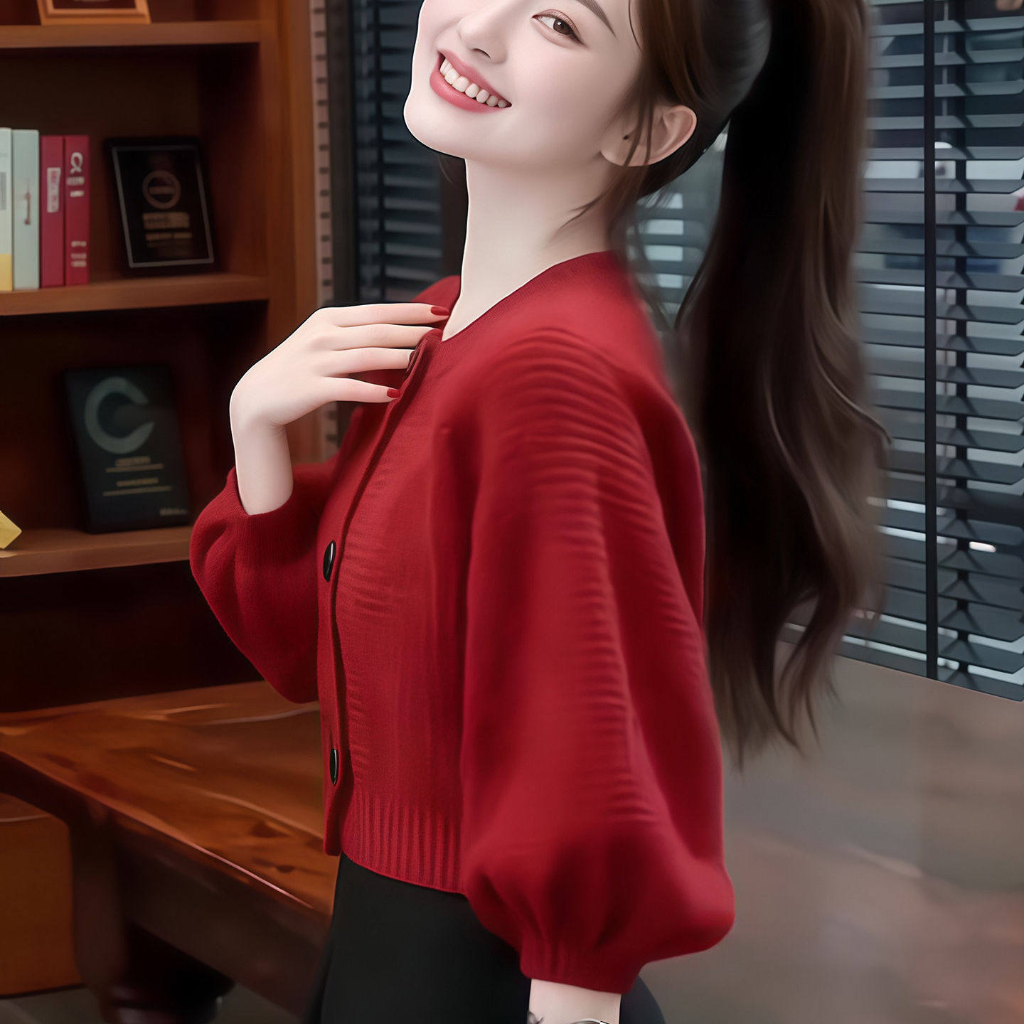 哲算女装韩系红色圆领灯笼袖毛衣秋冬女士款针织开衫气质短款上衣,淘宝优惠券,粉丝福利购,淘宝优惠卷