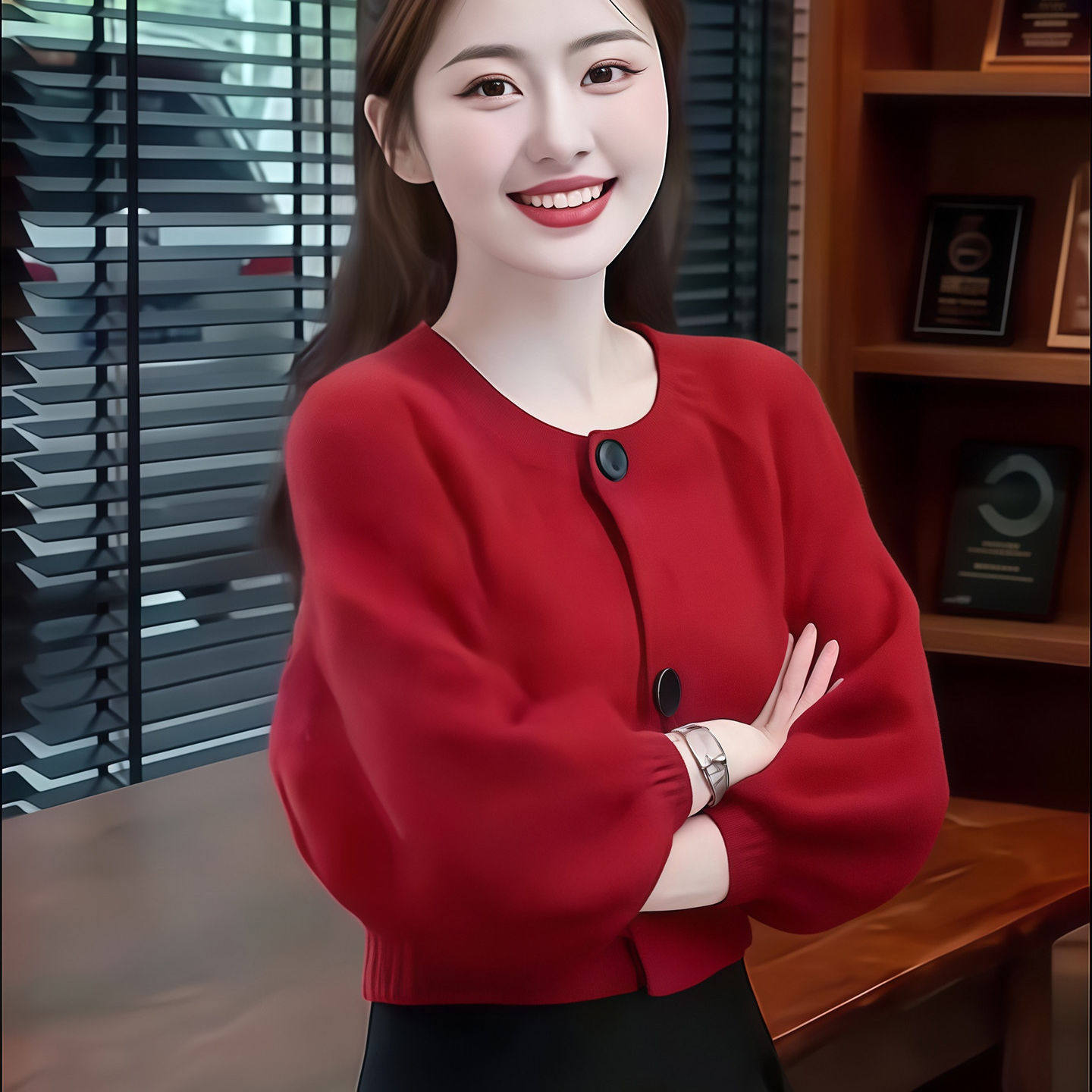 哲算女装韩系红色圆领灯笼袖毛衣秋冬女士款针织开衫气质短款上衣,淘宝优惠券,粉丝福利购,淘宝优惠卷