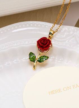 匀鲤饰品厂简约满钻玫瑰花吊坠气质感百搭钛钢链条锁骨链精美项a2