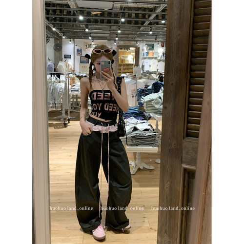 HuoHuo 钓感辣妹 花边拼接抽绳直筒休闲裤女春夏新品宽松阔腿长裤 - 图1