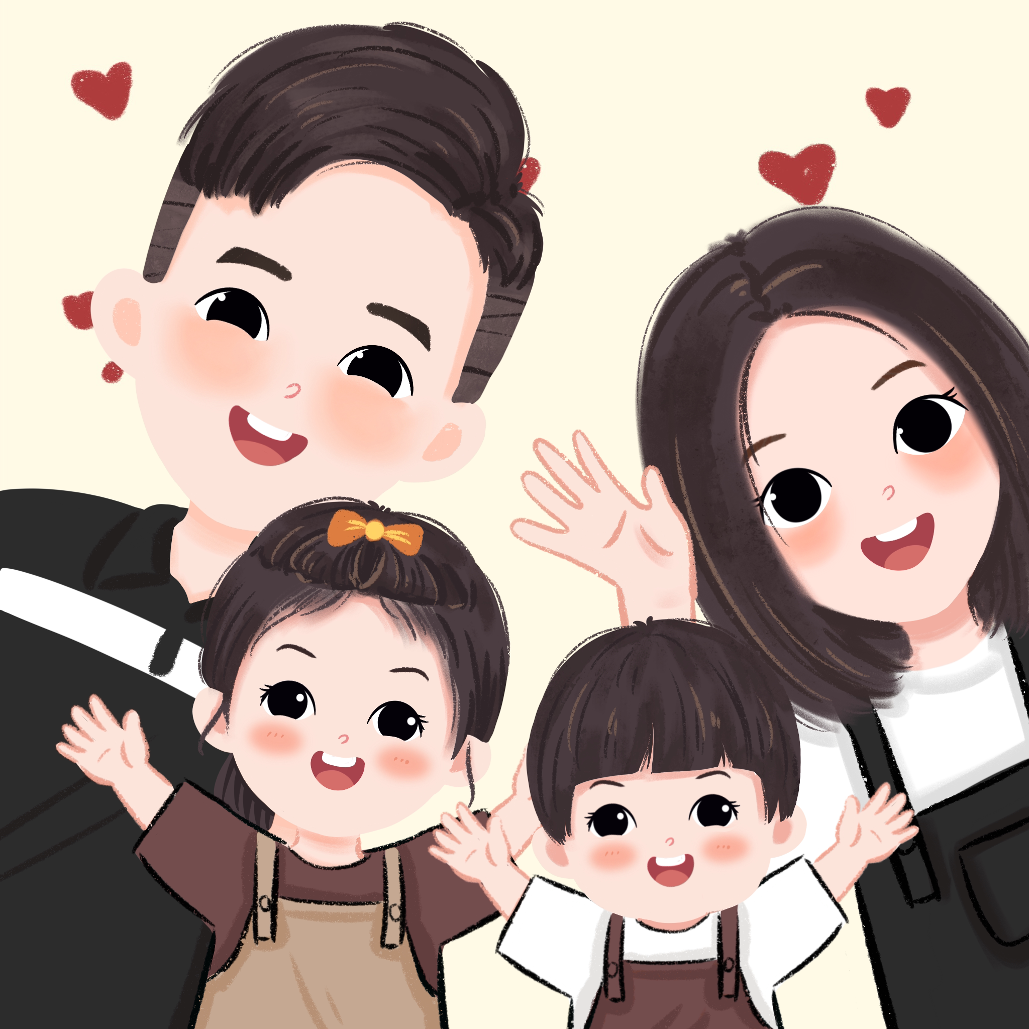 一家四口兔年新手绘头像卡通全家福亲子定制三人合照漫画微信约稿