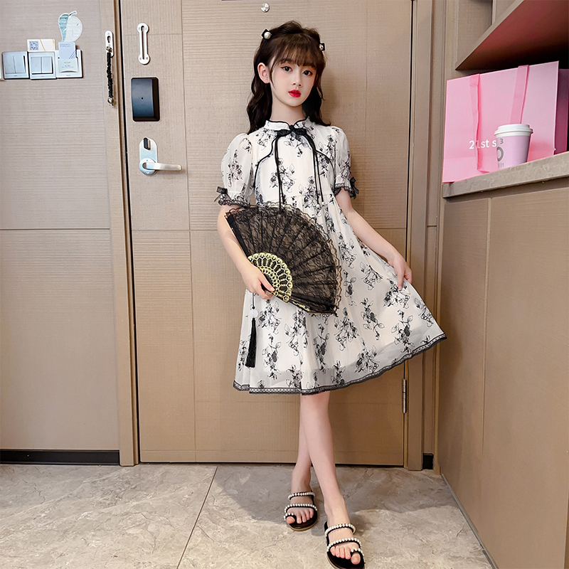 女童碎花旗袍連衣裙夏季2023新款兒童洋氣夏裝女孩短袖雪紡公主裙_蕾於旗艦店_童裝/嬰兒裝/親子裝