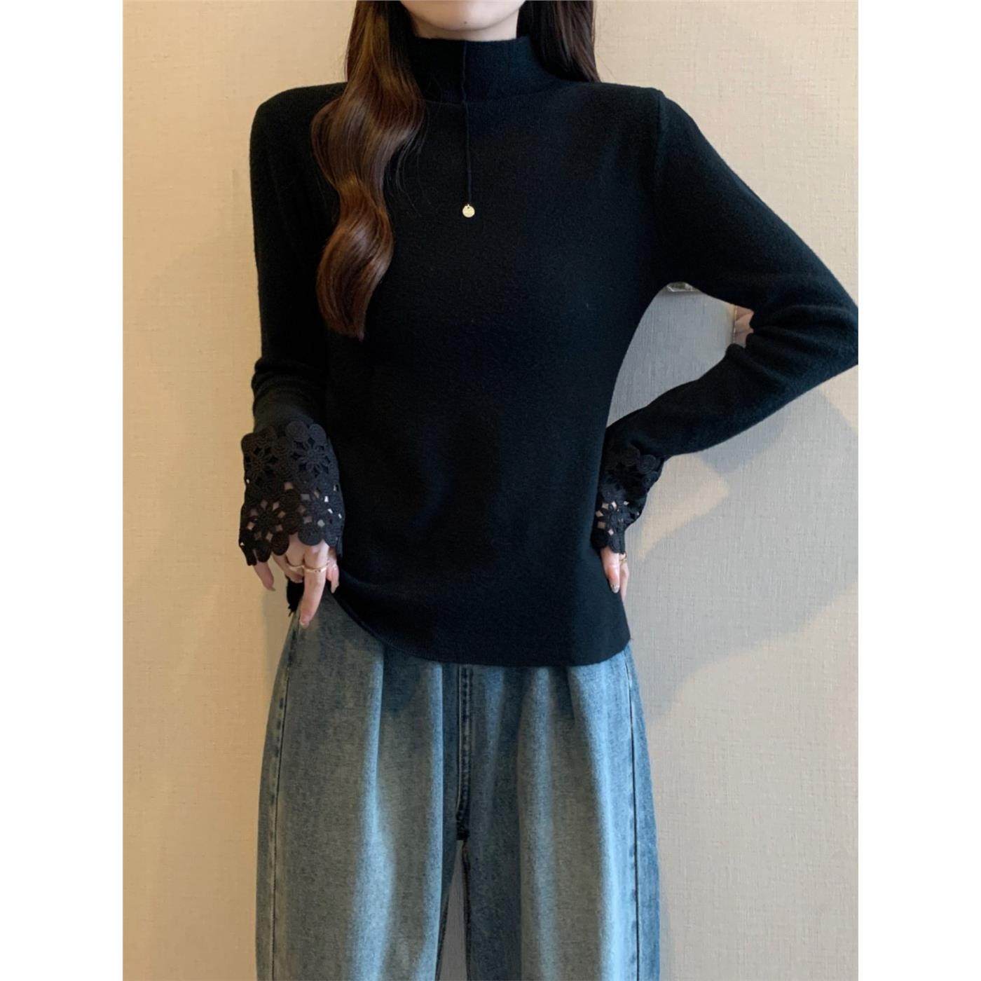 高领蕾丝拼接正肩针织衫内搭大码女装胖mm秋冬款高级感打底衫上衣,淘宝优惠券,粉丝福利购,淘宝优惠卷
