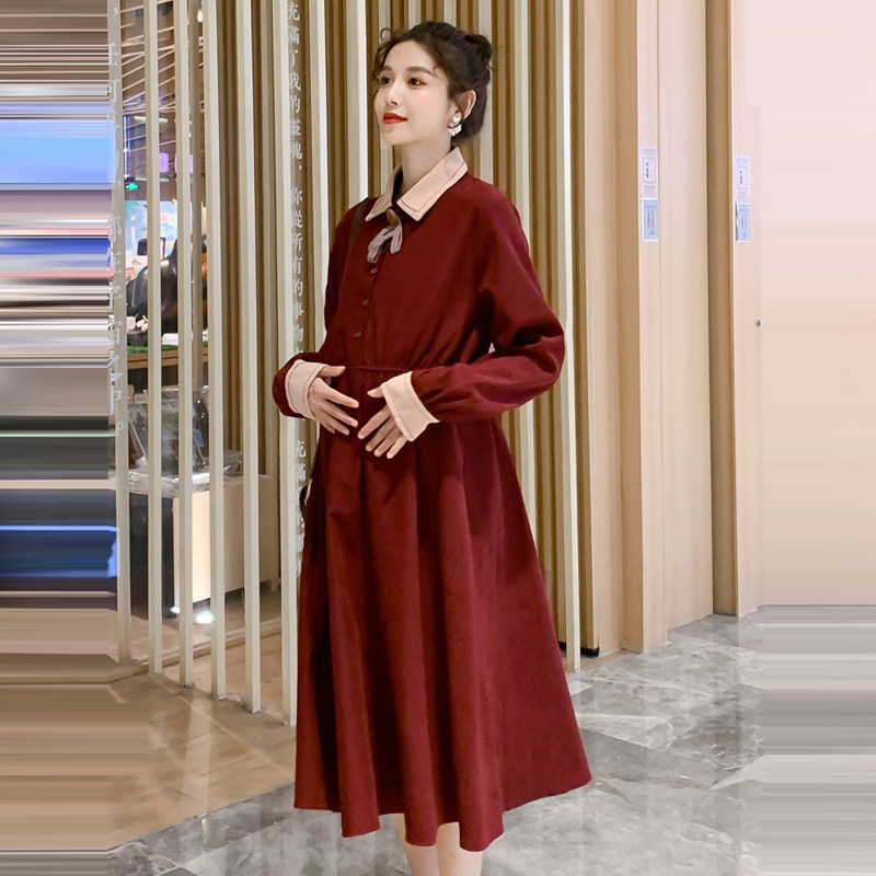 孕妇秋装气质翻领灯芯绒秋冬连衣裙 纤妃诗连衣裙