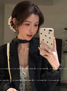 韩系黑色波点细窄长条丝巾小领巾