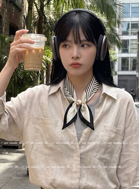 白色条纹磁吸扣丝巾项链气质装饰