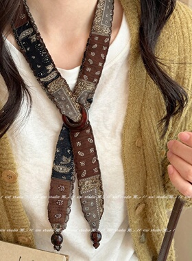 美式复古咖色丝巾颈链拼色腰果花