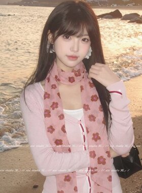 粉色印花丝巾项链女挂脖配饰显白