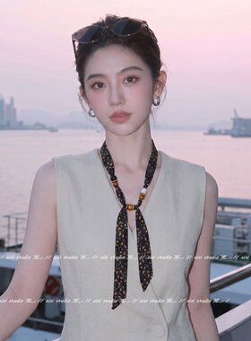 美拉德风黑色波点串珠丝巾项链女