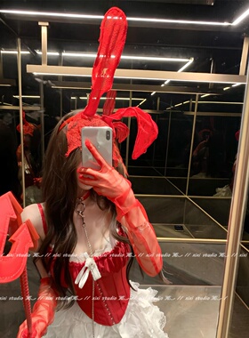 复古纯欲红色蕾丝兔子耳朵发箍女